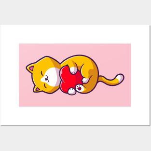 Cute Cat With Love Heart Cartoon Posters and Art